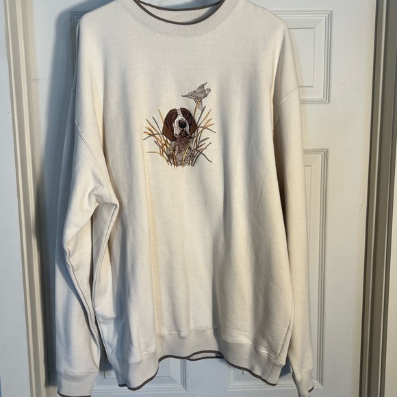 Vintage Men's Cream Crewneck Sweater with Dog Embroidery